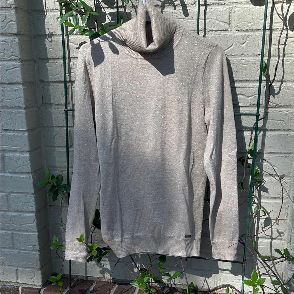 Calvin Klein Light Beige Turtleneck Sweater with Gold Sparkle thread